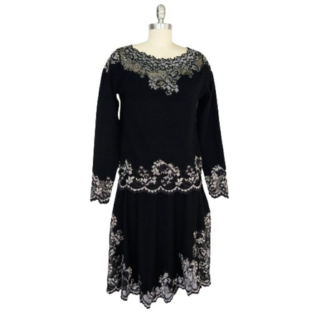Olvis 100% Cashmere and Lace Skirt Top Set Size M Black Knit Sweater Formal